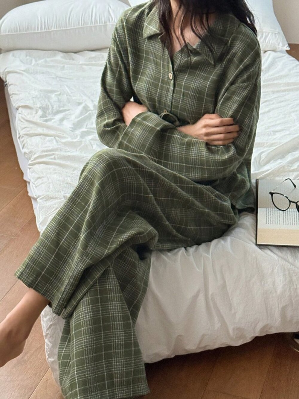 Army Green Casual Women's Plaid Loose Fit Shirt & Pants Pajama Set